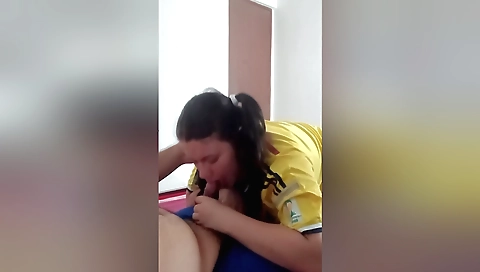 Sexy brunette with hot little mouth cum on her big ass