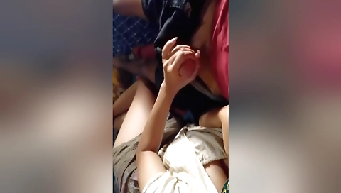 Girl rubs her tits on a hard shaft to make man come down
