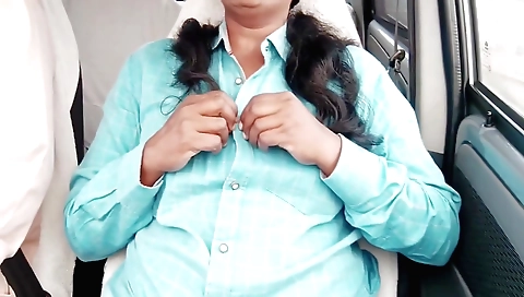 Brunette stepdad talks to daughter on a car having sex