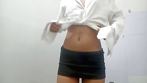 A skinny brunette with a huge ass riding a huge pole on her ass