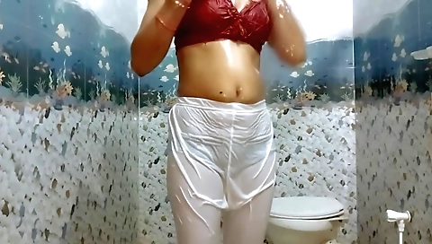 Indian teen 18+ step mom takes a shower in open white