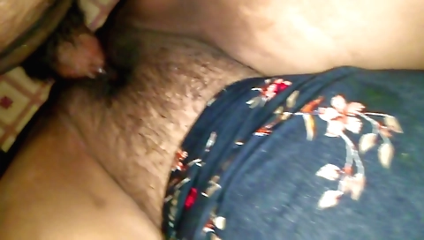 Hairy amateur girl in leather shorts and tattered blouse